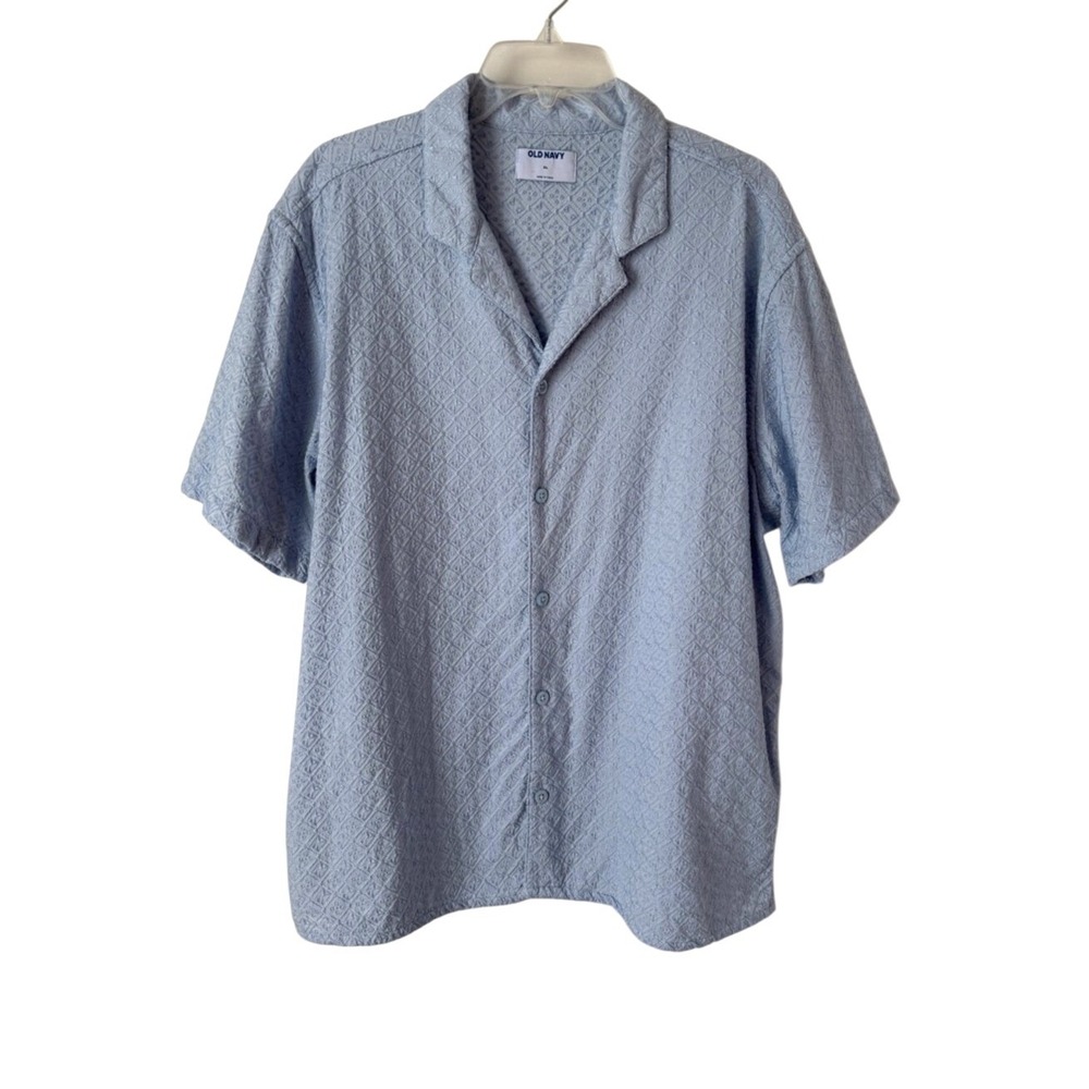 3/$20💥 Old Navy Men's Short Sleeve Button Up Camp Shirt Blue Jacquard Cotton